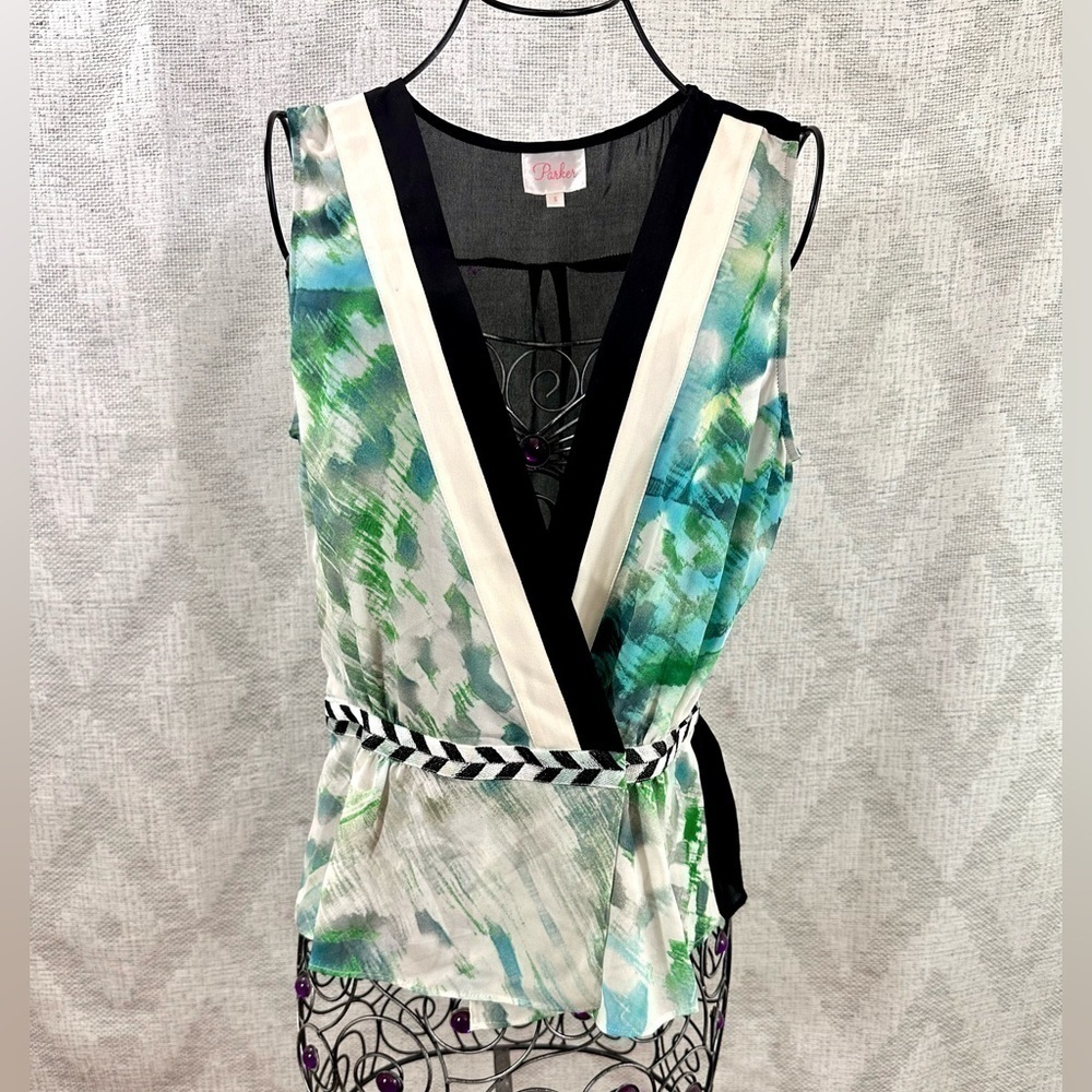 Parker v neck green printed blouse with black and white detail size S